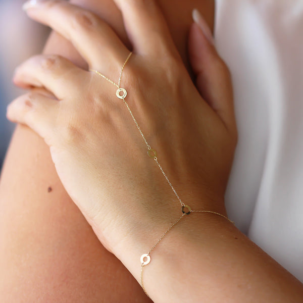 14k Solid Gold Hoop Hand Chain Bracelet