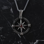 925k Sterling Silver Men Red Stone Compass Necklace