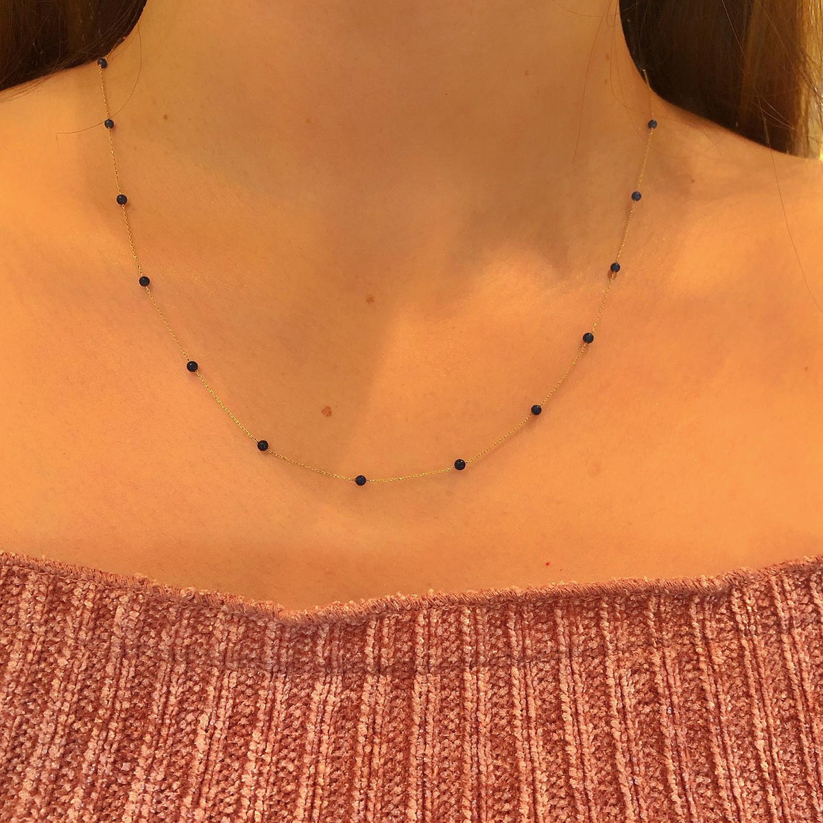 14k Solid Gold Lapis Pave Row Necklace - alternate view 3