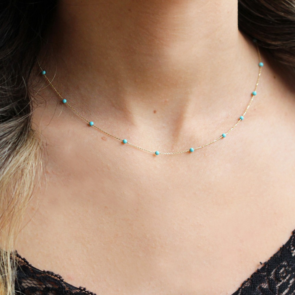 Glorria 14k Solid Gold Turquoise Pave Row Necklace