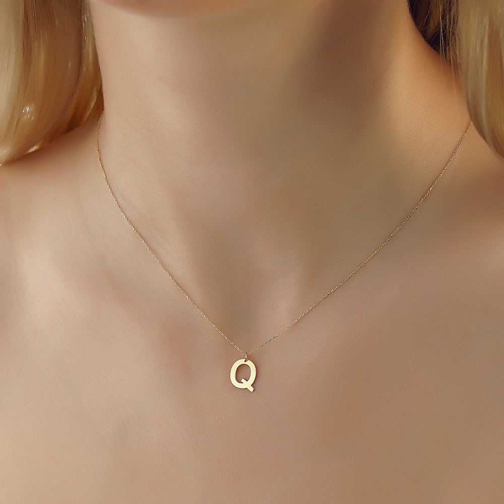 Glorria 14k Solid Gold Letter Q Necklace